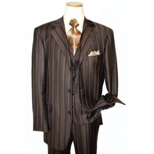 Extrema by Zanetti Brown With Chocolate/Black Stripes Super 120's Wool Vested Suit TQ42959